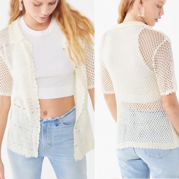 UO Havana Crochet Button-Down Ivory Sweater Sz L - Picture 6 of 7